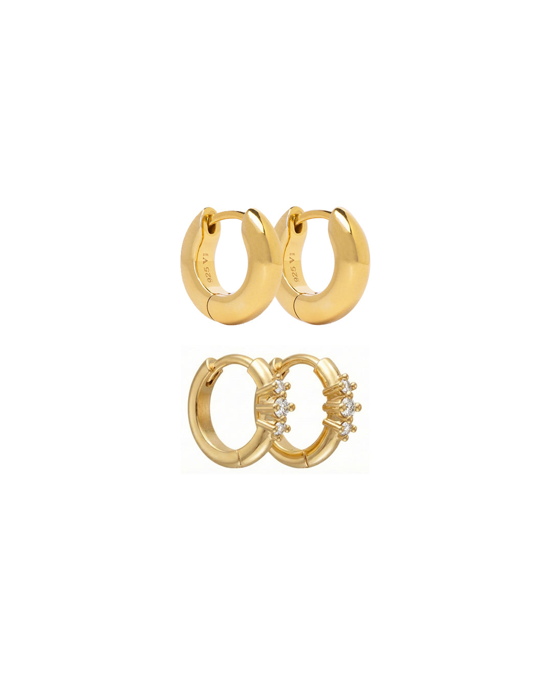 Hoops Set enchapado en oro que incluye un dúo de argollas minimalistas lisas y argollas con incrustación de circones brillantes.