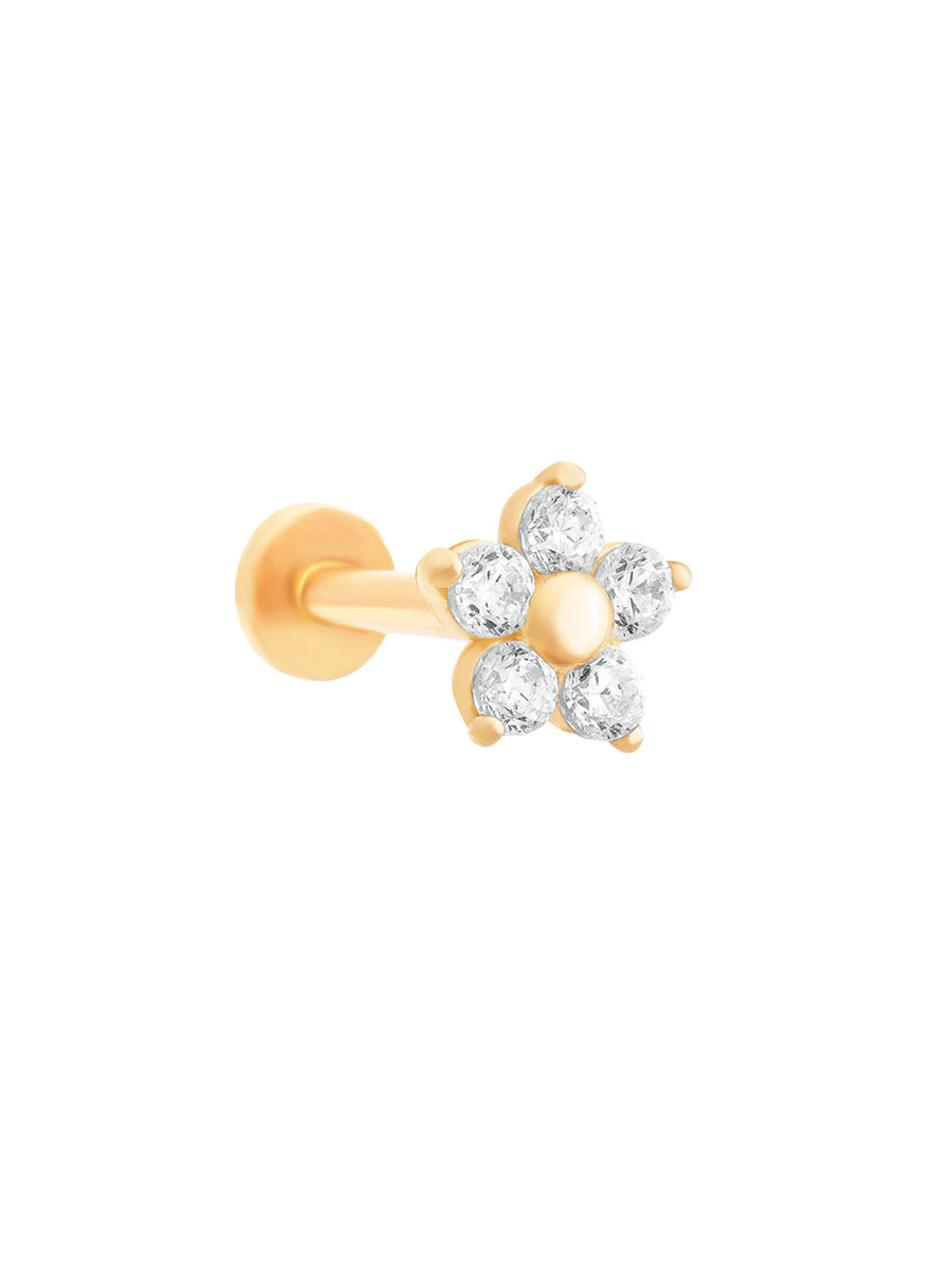Piercing Fresia de oro sólido amarillo de 14k con diseño de flor de cinco circones blancos, rosca interna labret.