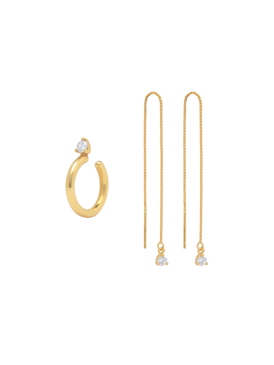 Set Hannah enchapado en oro que incluye un ear cuff (aro para cartílago) minimalista y un par de aros pasantes de cadena (threader) decorados con circones.
