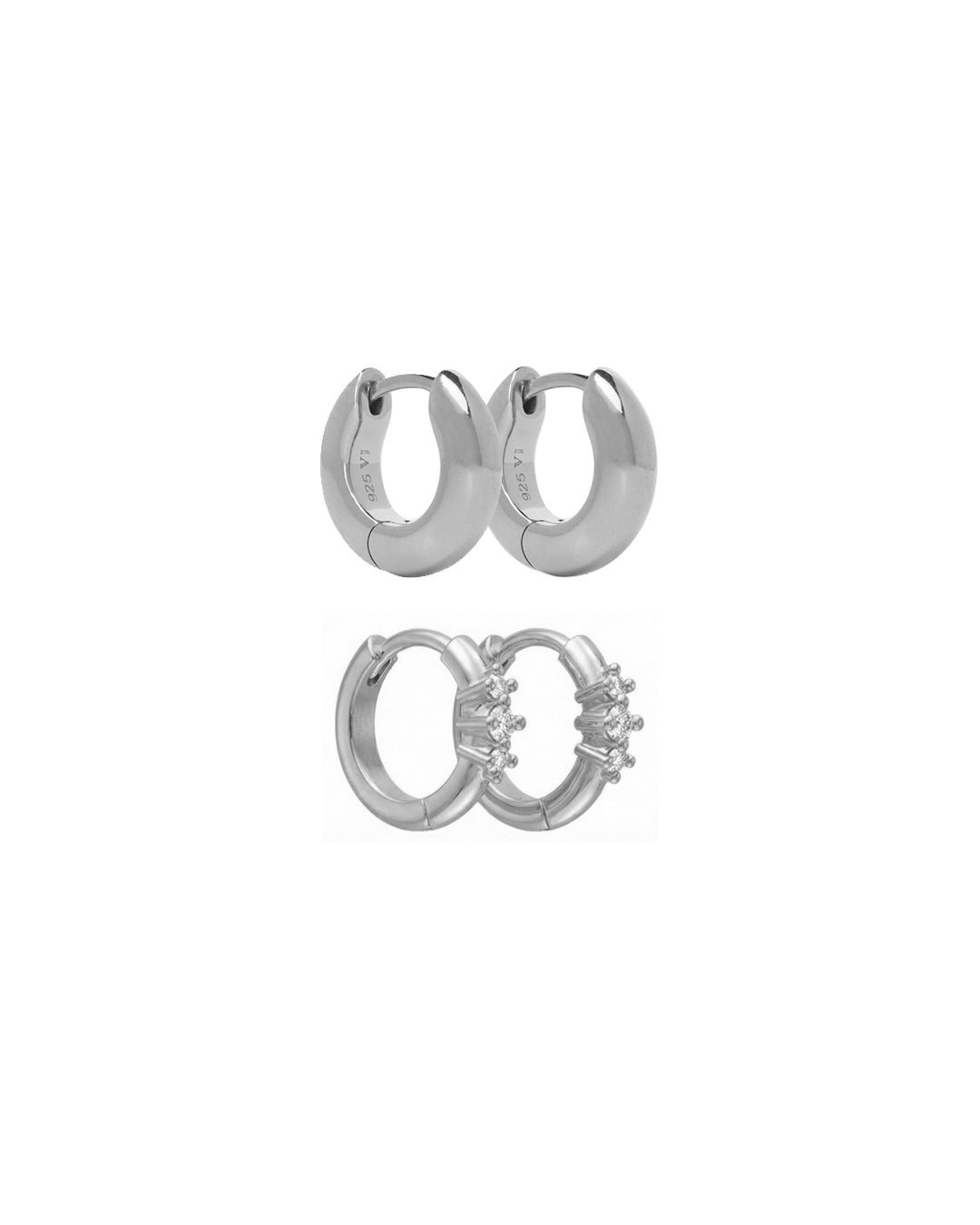 conjunto de argollas hechos de plata con circones sobre fondo blanco ideales para usar a diario.