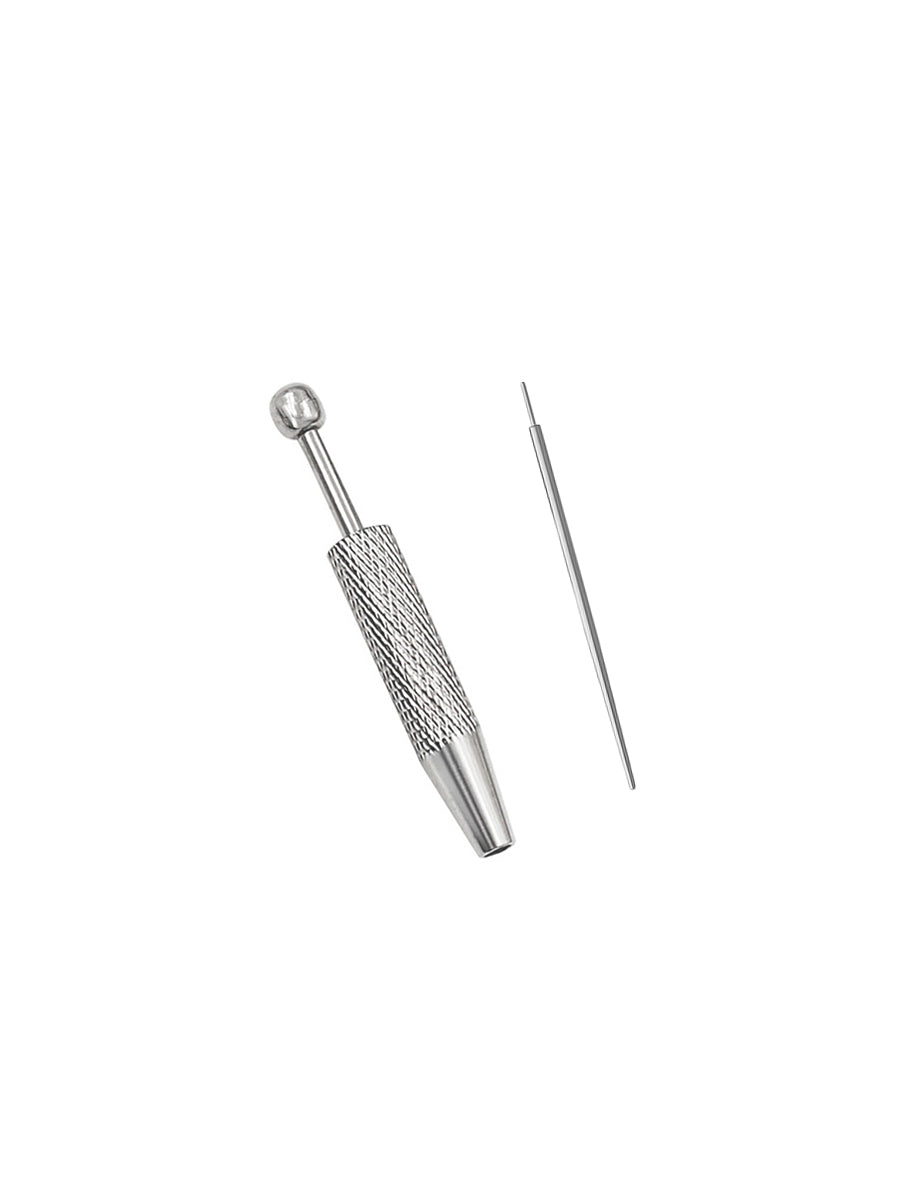 Kit de herramientas para colocar piercings: incluye pinza de acero inoxidable con cuatro grifas para sujetar piezas pequeñas y una guía metálica para el vástago.