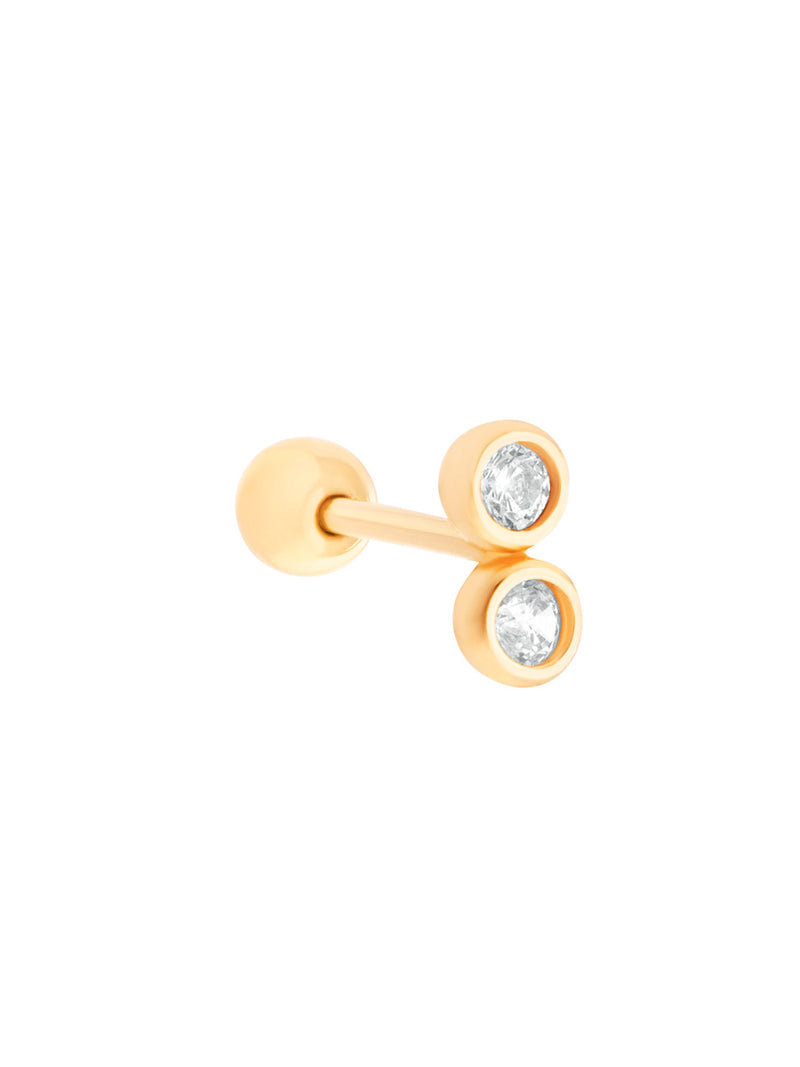 Piercing Lexi de oro sólido amarillo de 14k con diseño de dos circones blancos alineados, cierre de bolita.
