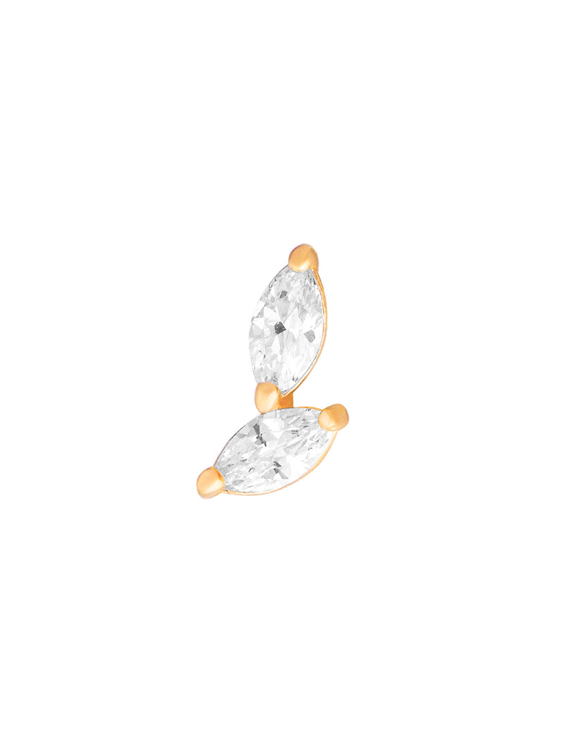 Piercing Ame de oro sólido amarillo de 14k con dos circones corte marquise, rosca interna labret.