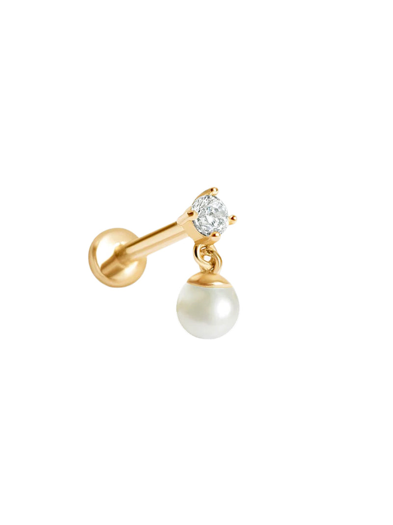 Piercing Ani de oro sólido amarillo de 14k con circón y perla natural, para perforaciones helix, tragus, conch, flat 