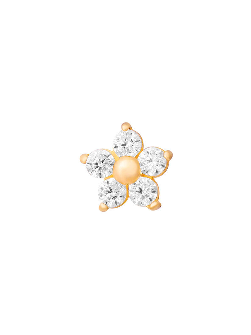 Piercing Fresia de oro sólido amarillo de 14k con diseño de flor de cinco circones blancos, rosca interna labret.