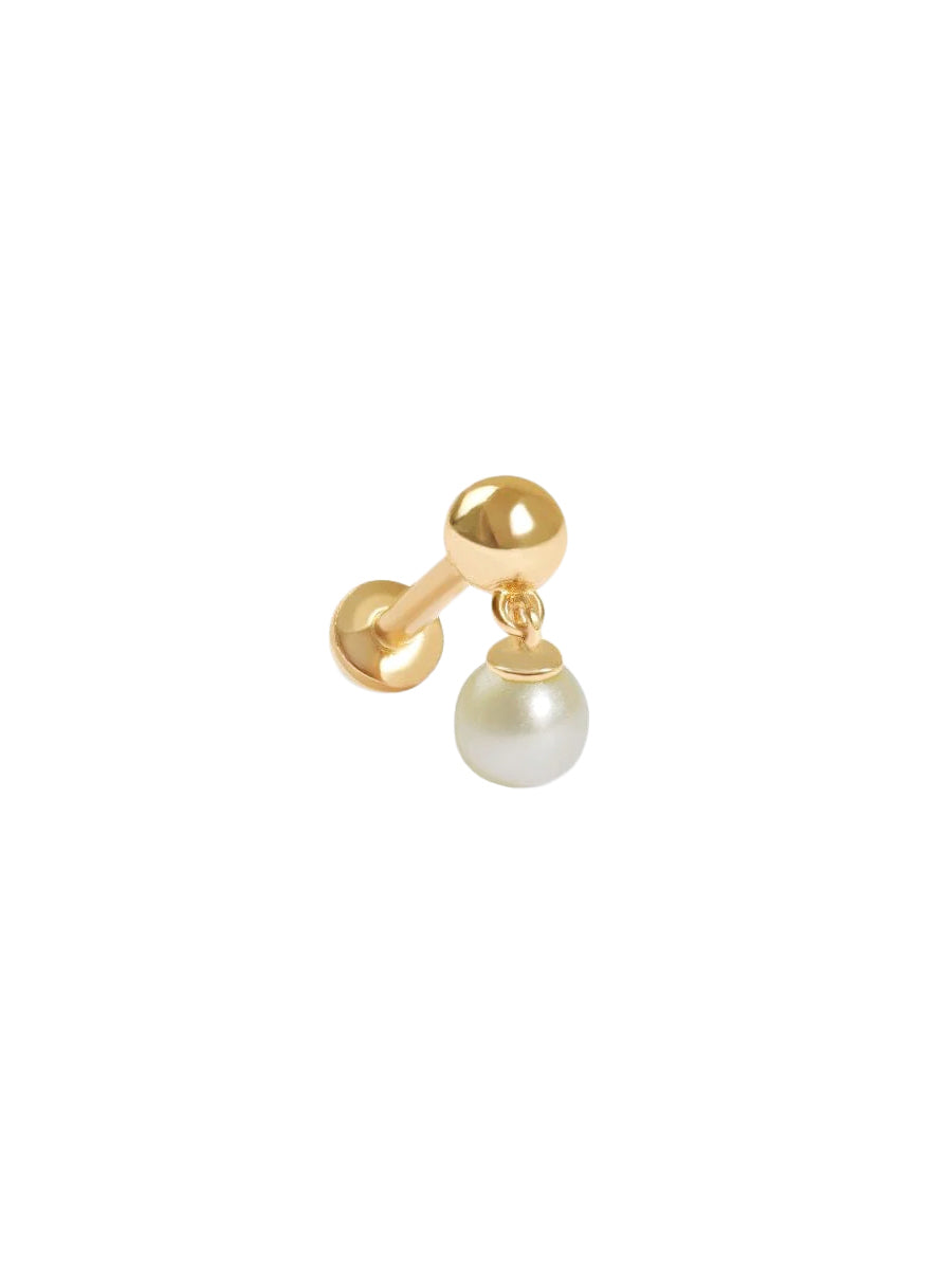 Piercing Ivi de oro sólido amarillo de 14k con pequeña perla natural colgante, rosca interna.