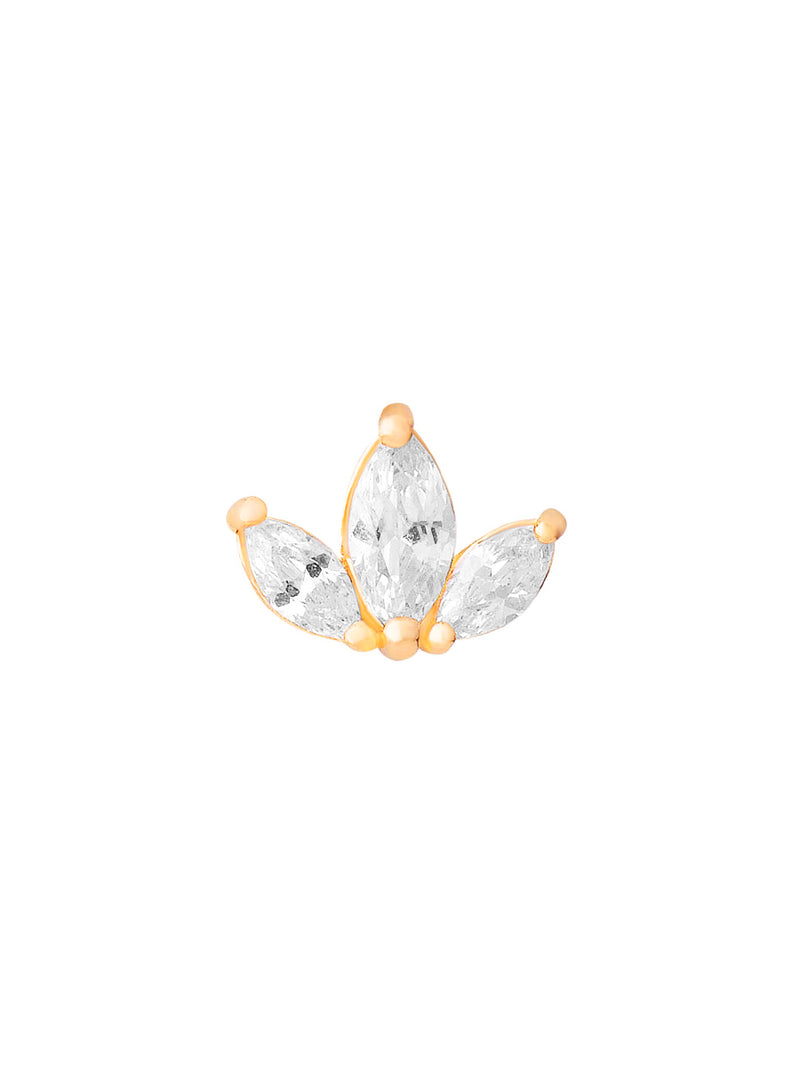 Piercing Sabi de oro sólido amarillo de 14k con tres circones corte marquise, rosca externa.