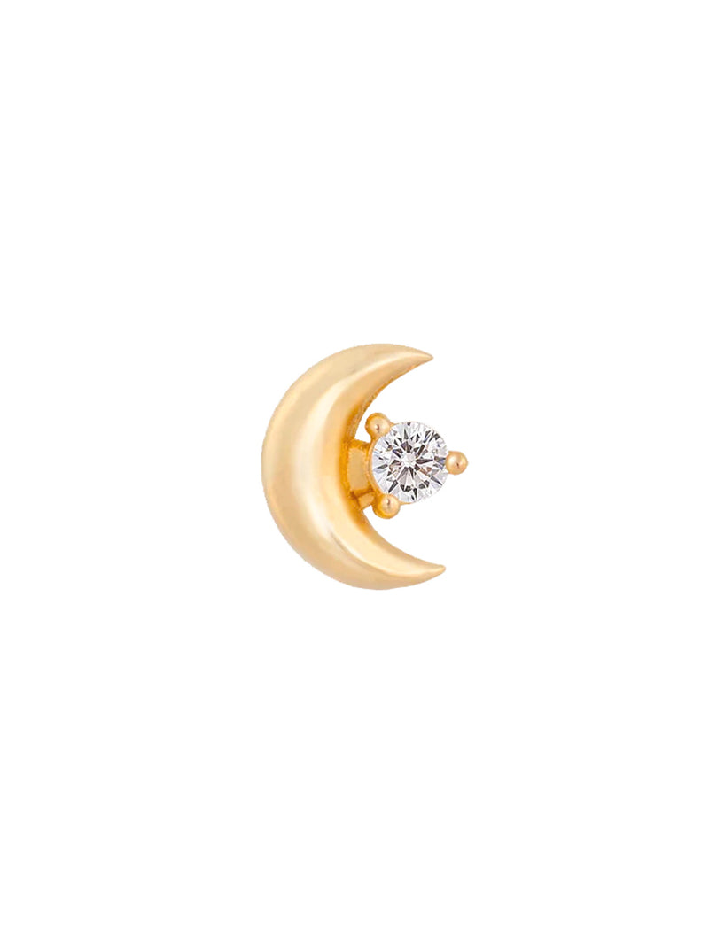 Piercing Shay de oro sólido amarillo de 14k con diseño de media luna y circón central, rosca interna labret.